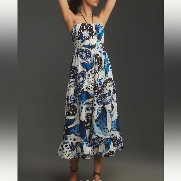 Farm Rio Mantas Sleeveless Square Neck Midi Dress